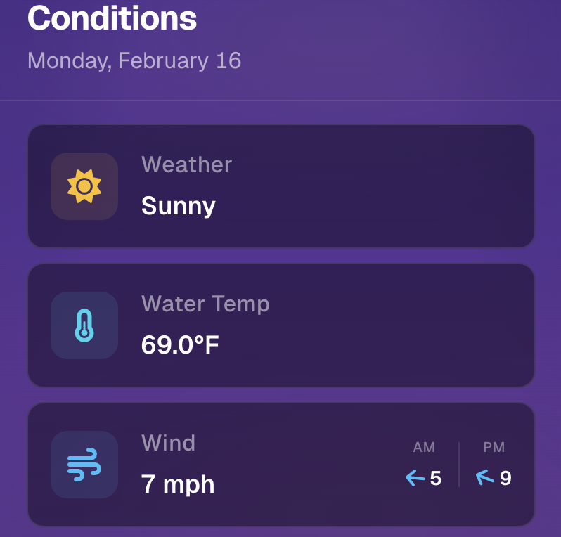 Weather conditions showing temperature, wind, and swell data