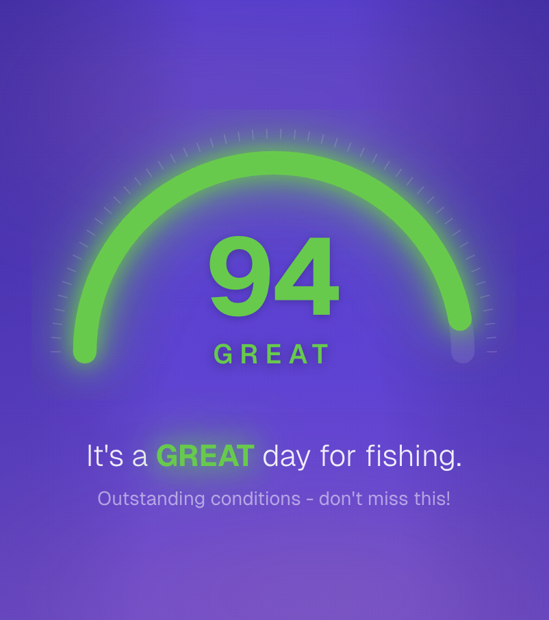 Fishy Score gauge showing exceptional fishing conditions