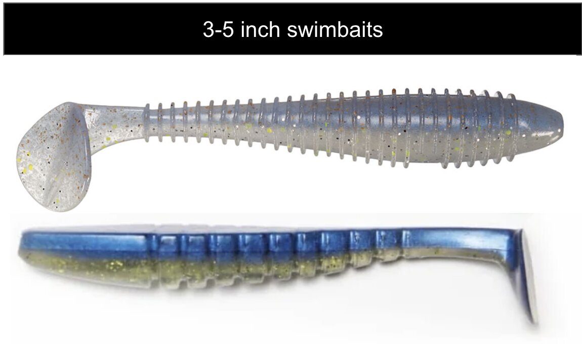 Popular surf fishing lures including paddle tails and Keitech swimbaits